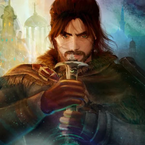 Concept art of a cloaked figure holding a sword, spires rising behind them.